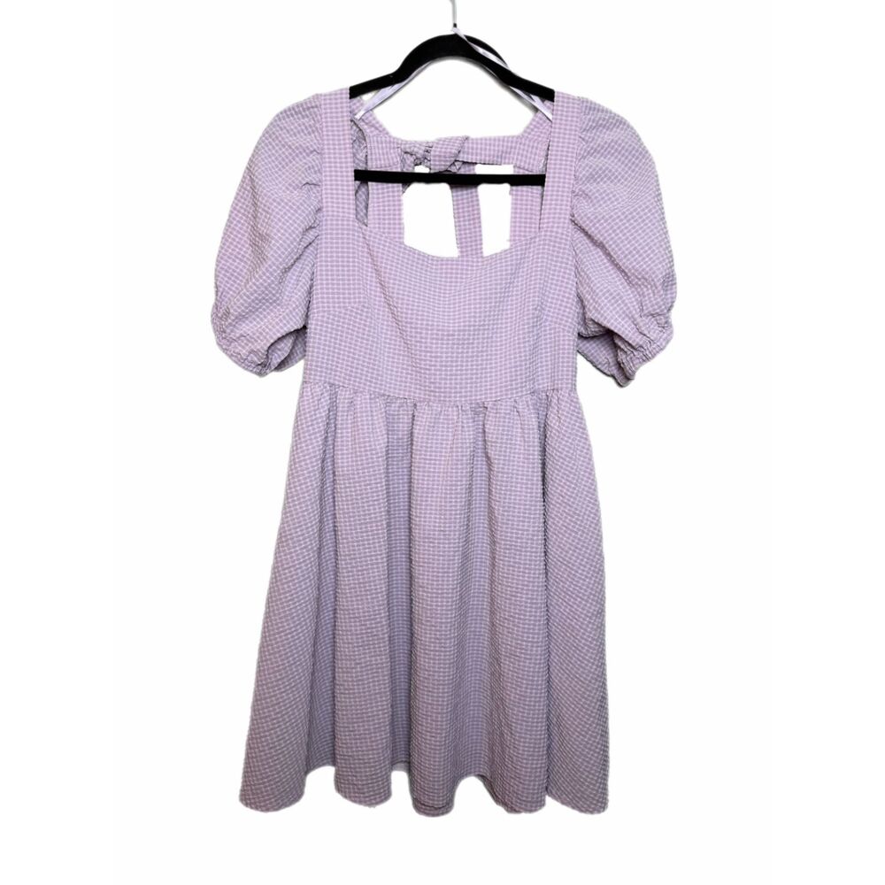 Mable Purple & White Gingham Babydoll Size Medium Dress Square Neck Puff Sleeves